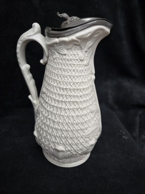 1850's White Stoneware Salt Glaze Relief Molded Water Jug Pitcher Victorian