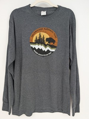 Yellowstone National Park Bison Graphic Charcoal Gray Long Sleeve Tee Retro Knit