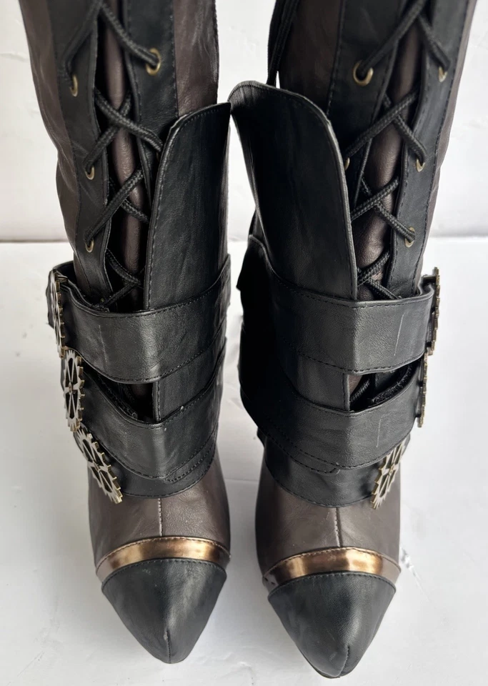 Sz 7 Steampunk Ren Fair Cosplay Knee High 4" Stiletto Heel Boots Gears Halloween - Image 4 of 4