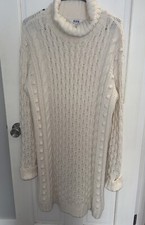 525 Chunky Cable Knit Fishermans Midi Sweater Dress Ivory Sz L