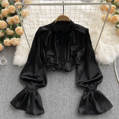 Women Ruffle Blouse Top Faux Silk Satin Puff Sleeve Retro Shirt Elegant New - Bild 5 von 21