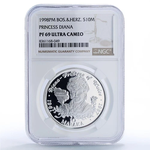Bosnia Herzegovina 10 maraka Princess Diana Politics PF69 NGC silver coin 1998