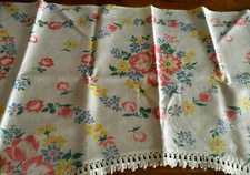 Vintage MANTLE Long DOILY Table Scarf Little Flowers on White, Trimmings on Edge