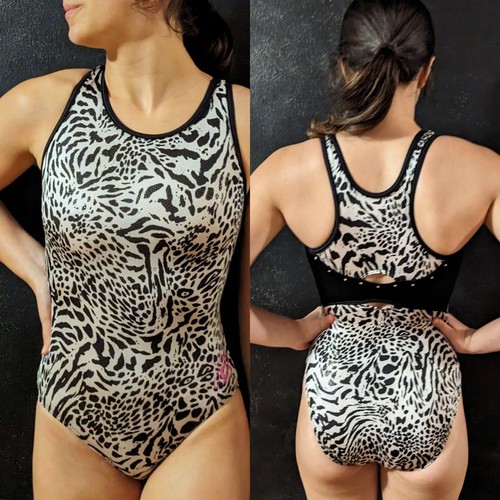 GK Shawn Johnson Gymnastics Leotard Black White Animal Print Racerback Size AXS
