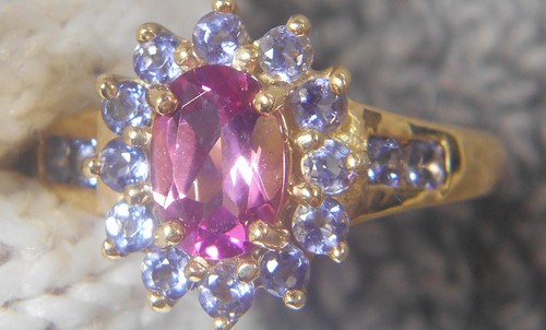 ESTATE 0.90CT PINK TOURMALINE OVAL & 0.45 CTW TANZANITE 14K Y GOLD RING SIZE 7 - Picture 4 of 14