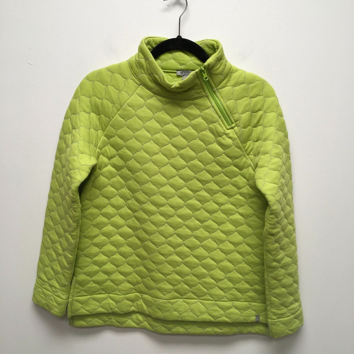T by Talbots Green Metallic Asymmetrical Zip Mock Pullover Quilted