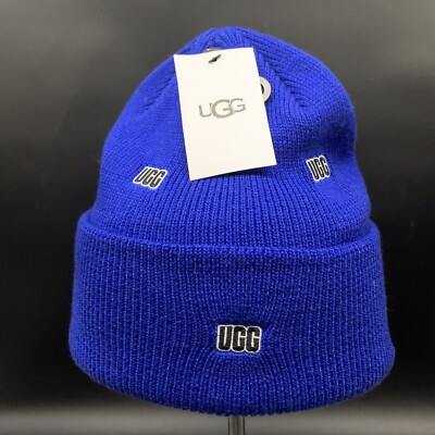 UGG BEANIE SCATTER LOGO KNIT CUFF BEANIE HAT ONE SIZE NIGHT SKY BLUE WOOL BLEND