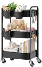 3 Tier Rolling Cart on Wheels, Metal Utility Storage Cart with Wheels, Three ...