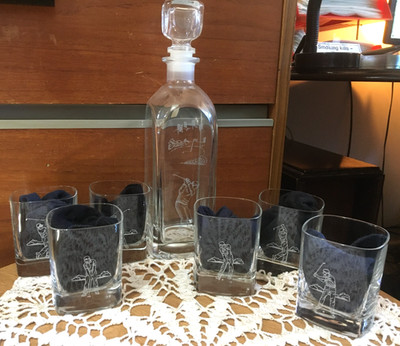 GLENEAGLES GEÄTZTE GOLF THEMA KRISTALL WHISKY KARAFFE & 6 BECHER 1,5 L