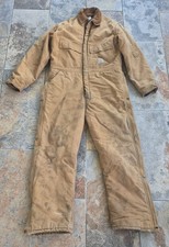Vtg Carhartt Tan Coveralls W/Lined Detachable Hood Men Size 46R Distressed USA
