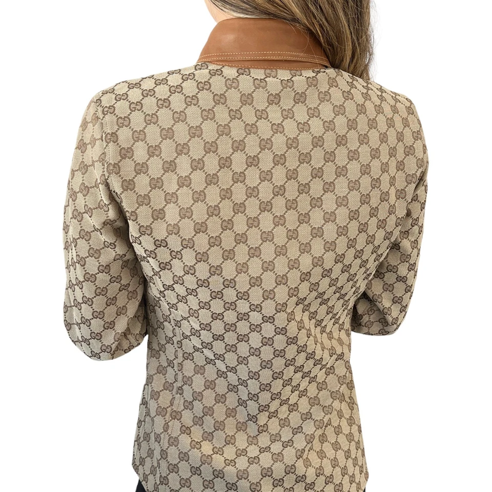 GUCCI Vintage GG Monograma Logo Camisa Chaqueta Top #38 Beige Marrón Lona Cuero Foto 4 de 4