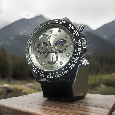 BINBOND, Chronograph date, moon and Sun,45mm, WR30M, men s Watch, black rubber