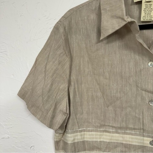 Vintage Beige & Creme Leinen Button Down Hemd Damen 2 Kurzarm Strand Top - Bild 5 von 8