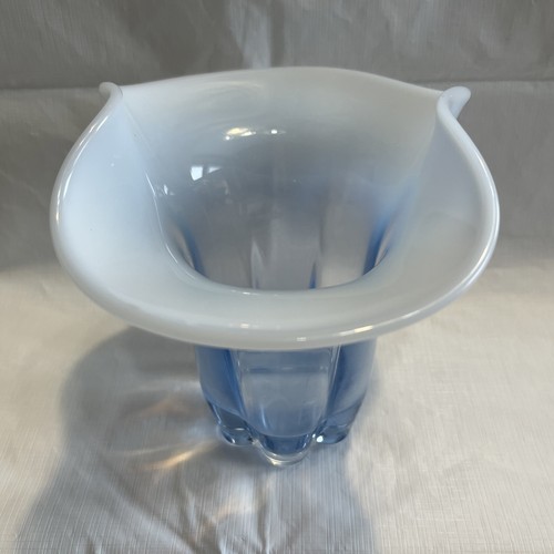 vintage glass vase flared, ruffled top edge, white and blue, 5” - Picture 3 of 7