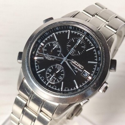 SEIKO 7T32 7H60 Alarm Chronograph Quartz Black Dial Vintage Japan