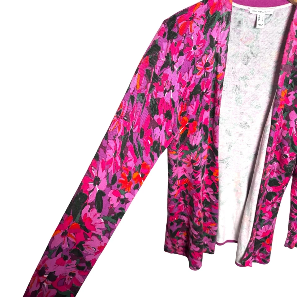 Cárdigan Suéter Tejido Isaac Mizrahi Mujer Rosa Floral Frente Abierto Talla Grande Foto 3 de 4