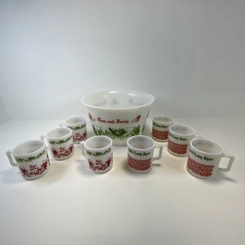 Vintage Hazel Atlas Tom And Jerry Milk Glass Eggnog Set With Bowl and 8 Cups