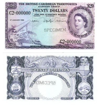 u Reproduction Note British Caribbean Territories 20 Dollars 1961 Pick #11 0643R