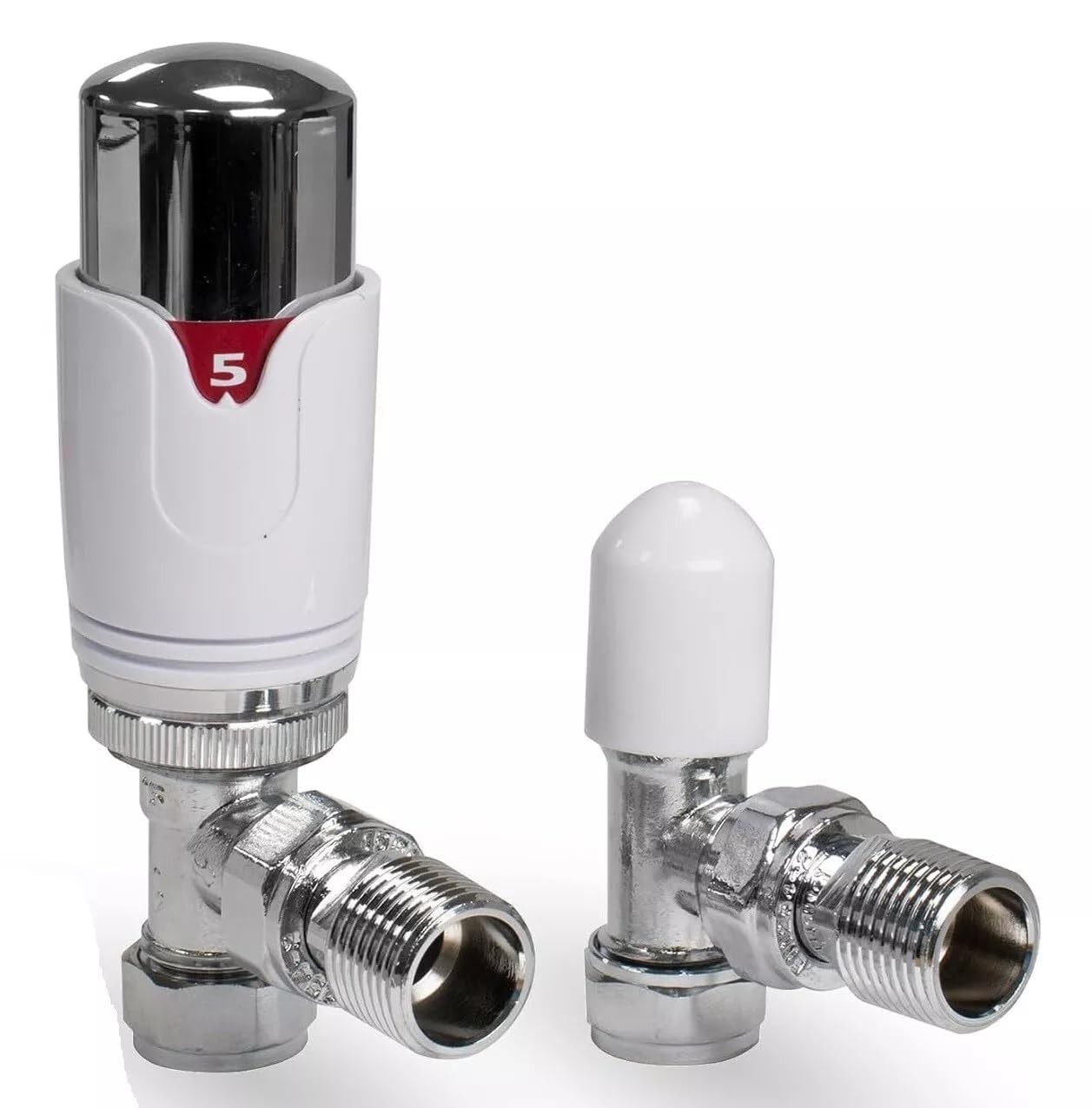 Chrome White Angled Thermostatic Radiator Valve & Lockshield Kit 15mm TRV4