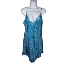 Victoria's Secret Teal Blue Lace Jacquard Chemise Slip Dress Medium Satin VTG