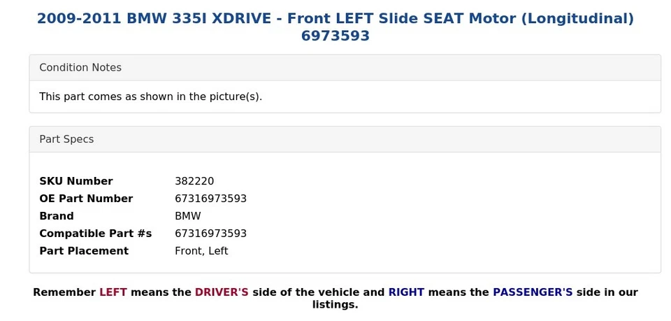 BMW 335I XDRIVE 2009-2011 - Motor asiento delantero izquierdo extensión (longitudinal) 6973593 Foto 4 de 4