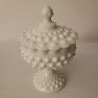 Vintage Fenton Hobnail Milk Glass Pedestal Candy Dish w/Lid 5" Scalloped Edge