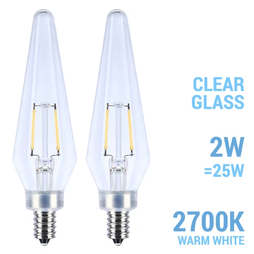 2 Pack PRISMATIC CLEAR Filament LED 120V 2W =25W Candelabra E12 2700K Warm White - Picture 1 of 7