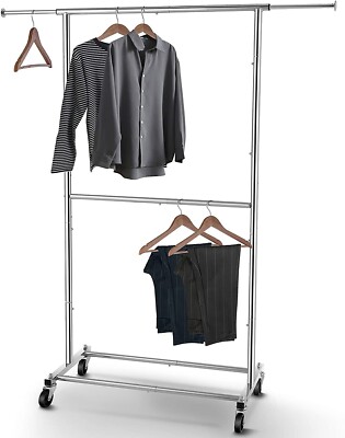 Simple Trending Double Rod Clothing Garment Rack Rolling Clothes Organizer Wheel