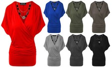 Women Wrap Over V Neck Crossover Batwing Top Ladies Necklace Loose Tunic Top
