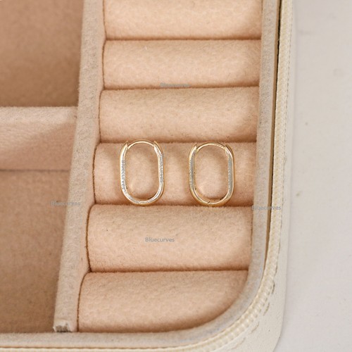 Solid 14k Yellow Gold Huggies Earrings Oval Shape Hoops Huggies Earrings - Picture 4 of 12