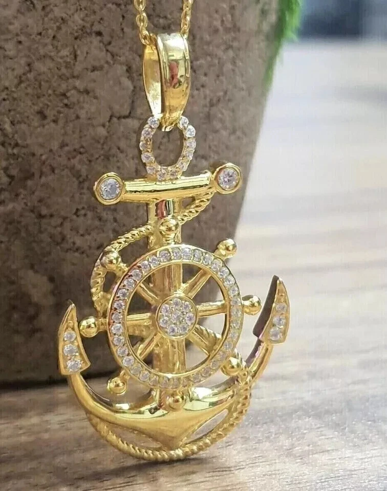 Colgante redondo de diamantes creados en laboratorio de 2 quilates enchapado en oro amarillo de 14 k con dije de ancla para hombre Foto 4 de 4