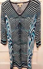 Michael Kors Ladies Size Small Blue & Black Print 3/4 Sleeve Stretch Geo Dress