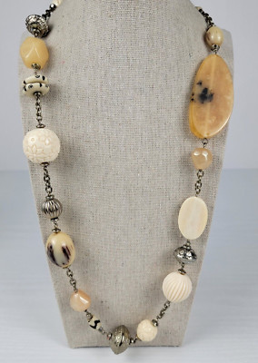 CATHERINES Silver And Earth Tone Faux-Gemstone Beaded Statement Necklace 38.5 In