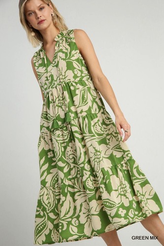 Umgee Tropical Floral Print Sleeveless Tiered Midi Dress