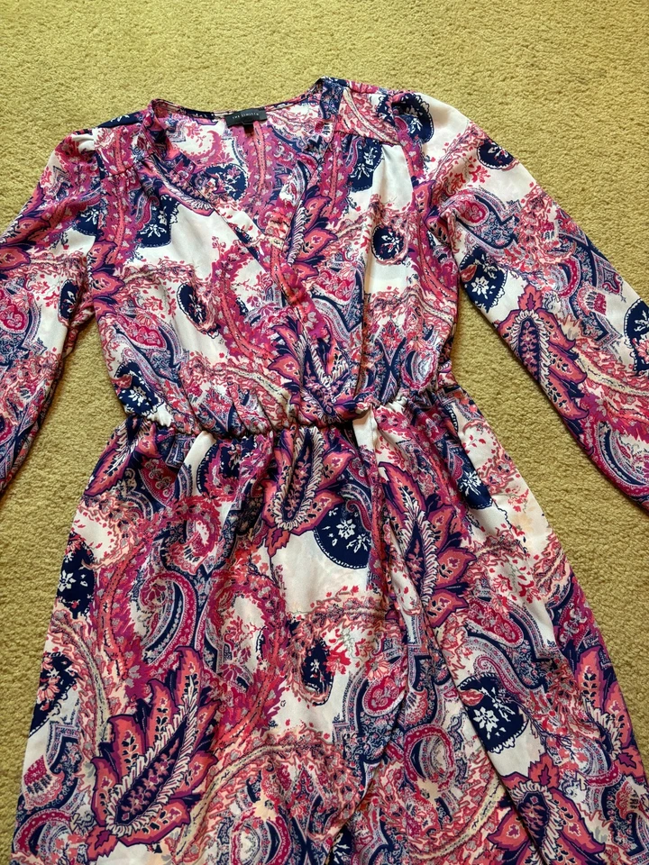 Vestido Camisa The Limited Chifón Manga Larga Rosa Paisley Hasta la Rodilla Imitación Envolvente M Foto 3 de 4