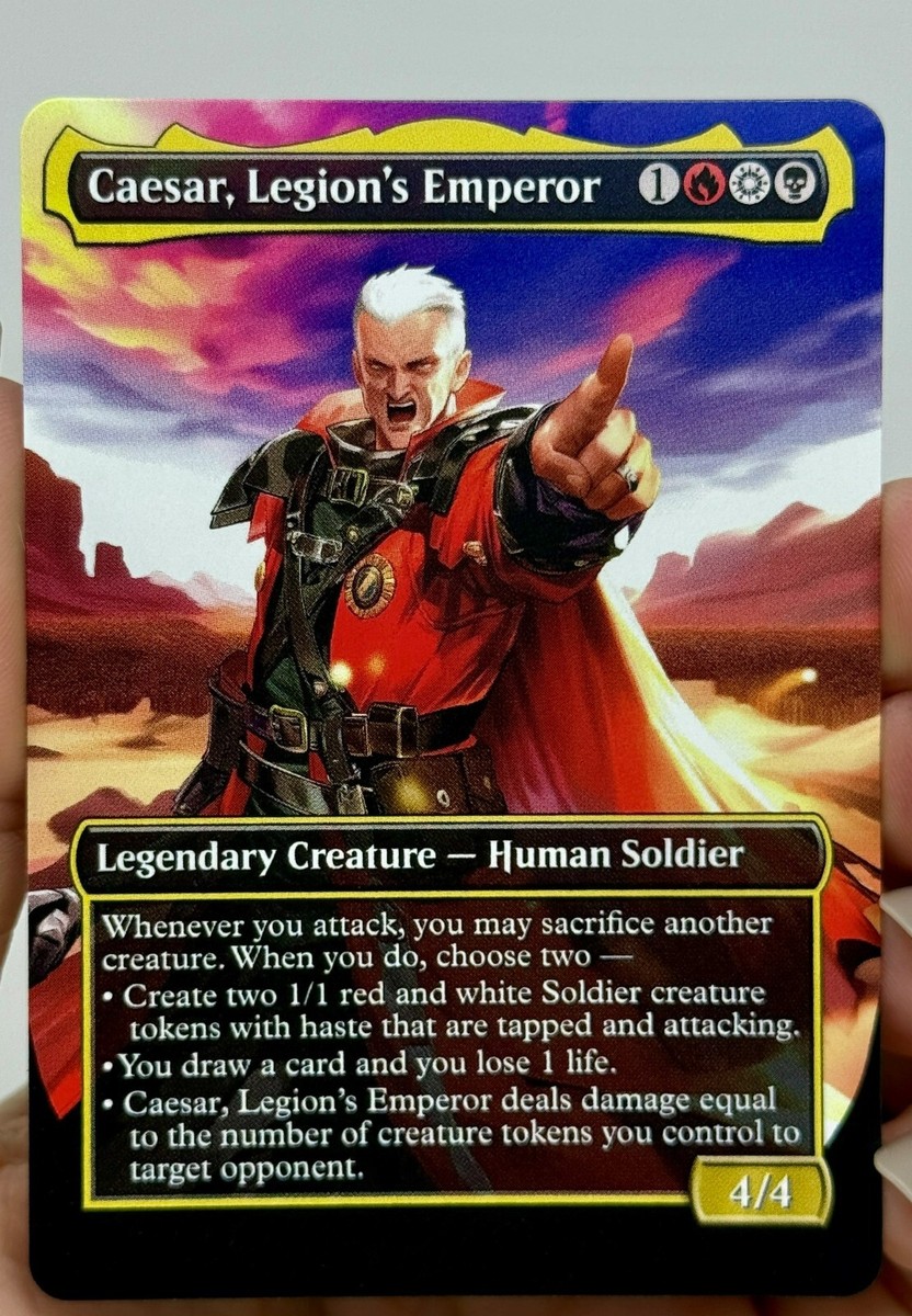 caesar mtg card Caesar, Legion's Emperor (Surge Foil) it deals 4 damage to target creature or planeswalker an opponent controls and you gain 4 life. Caesar Legions Emperor Mtg Card