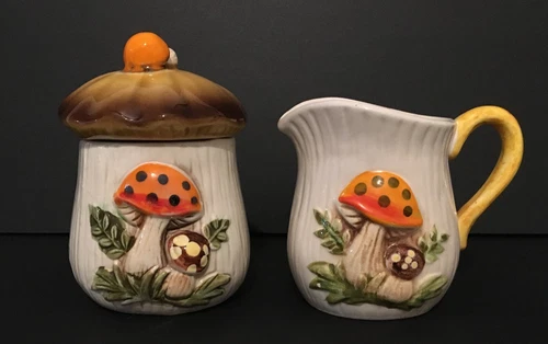Vintage Merry Mushroom Sears & Roebuck Ceramic Cream & Sugar Set