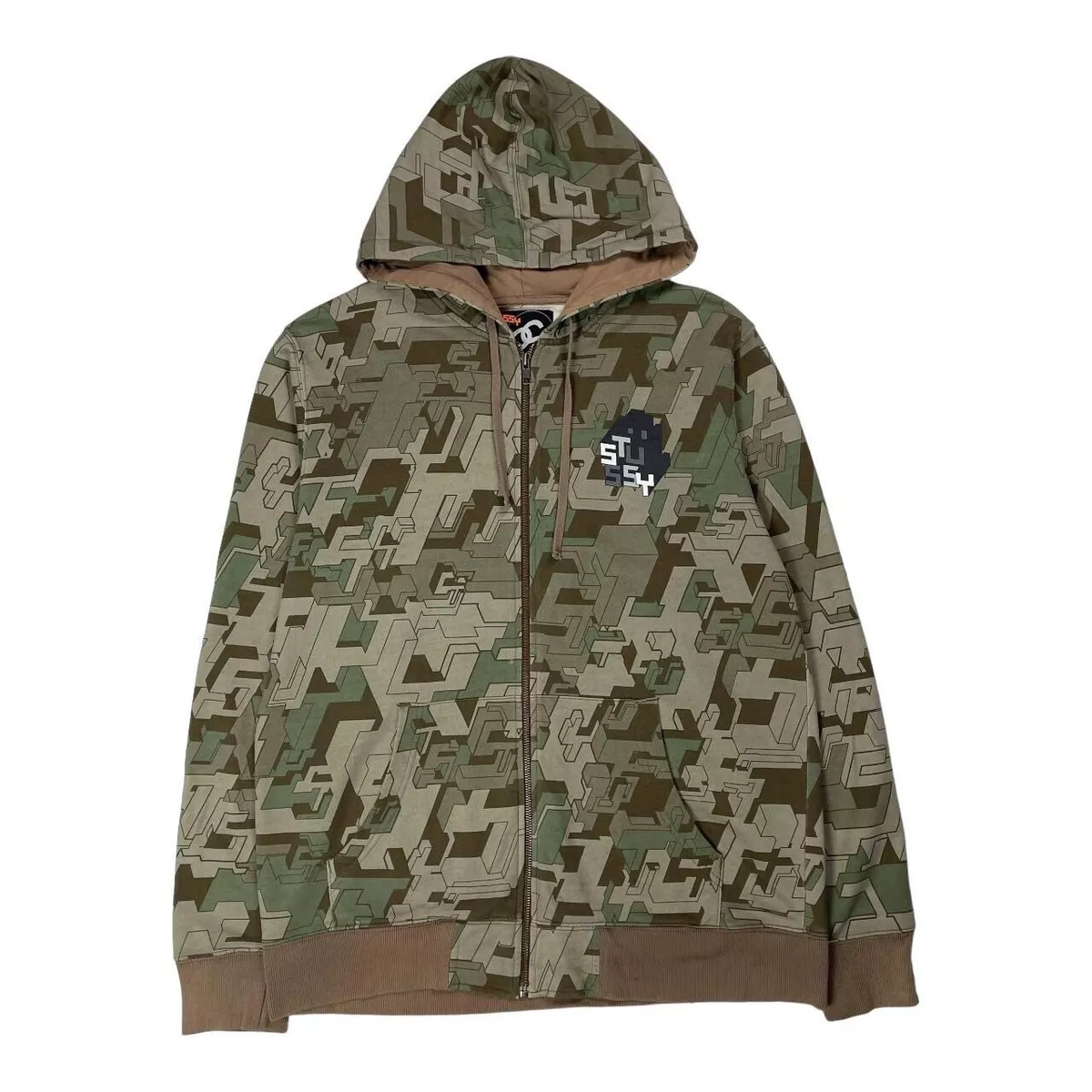 Vintage Stussy Delta Zip Up Hoodie All Over Camo Print Graffiti Size Large