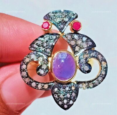Tanzanite With Ruby Cocktail Ring, 925 Silver Slice Diamond Wedding Gift Ring