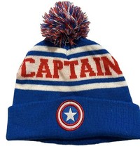 EUC Captain America Beanie Hat Cap Pom Fold Over Marvel Red White Blue RWB