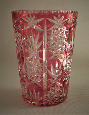 Vintage Bohemian Cranberry Cased Cut to Clear Crystal Vase - Pineapple Pattern 