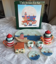 Vintage Miniature Lighthouse Tea Set Pot Creamer Sugar 2 Mugs 2 Saucers Plate