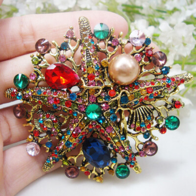 Vintage Starfish Brooch Pin With Purple Rhinestones & Pearl - Crystal Pendant Convertible