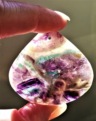 Beautiful Fluorite Drilled for Pendant Palm Stone Touchstone Purple Green Violet