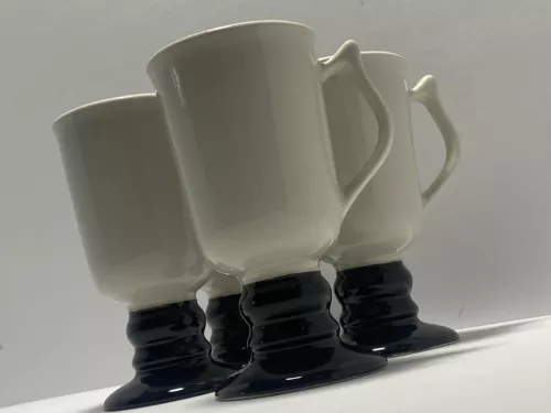 Vintage Hall Pottery #1272 Pedestal Irish Coffee Mugs 8oz Black & White Set of 3