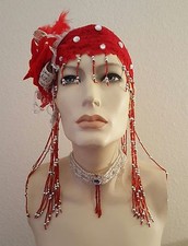 2pc Red Silver Beaded Flapper 20's  Choker Headpiece Hat Bridal Costume Wedding