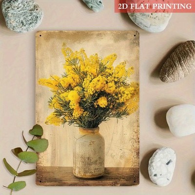 2D Flat,1pc Rustic Vintage Mimosa Flower Bouquet Wall Tin Metal Signs Home Décor