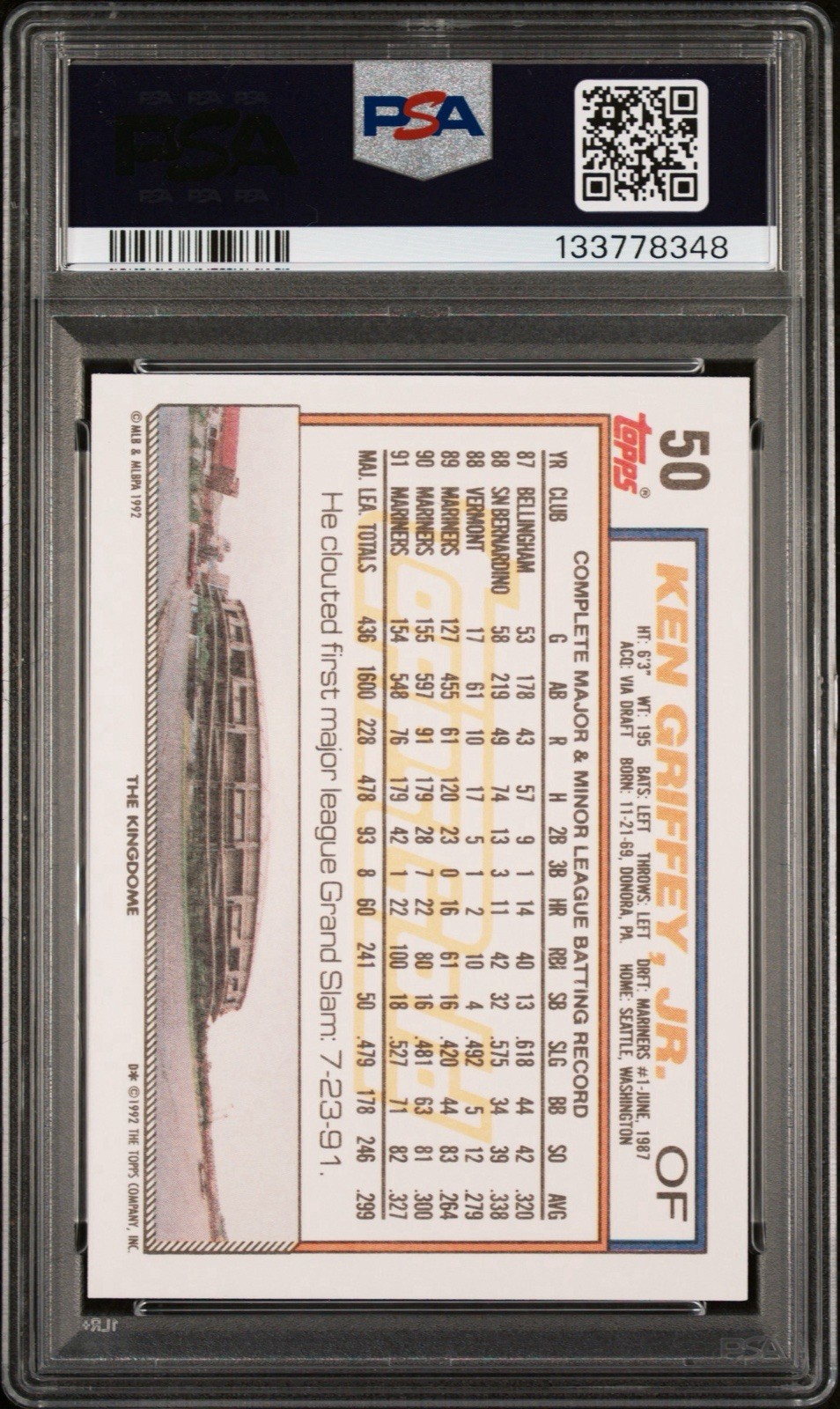 1992 Topps Gold #50 Ken Griffey Jr. Winner SP PSA 10 Gem Mint Mariners HOF view 3