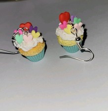 Hearts Cupcake Earrings Silver Wire Valentine's Day Baked Dessert Cake Decorated
