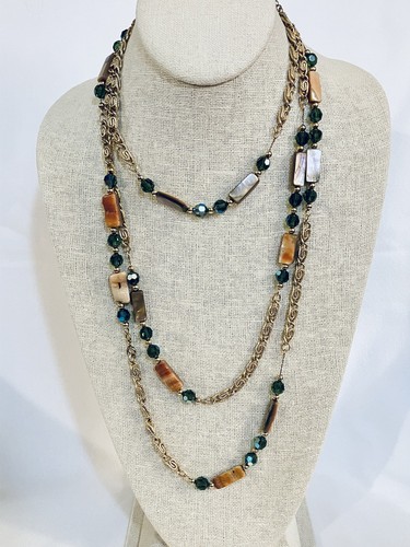 Vintage unsigned Napier 68” Green AB GLASS crystal beads Gold Tone Necklace